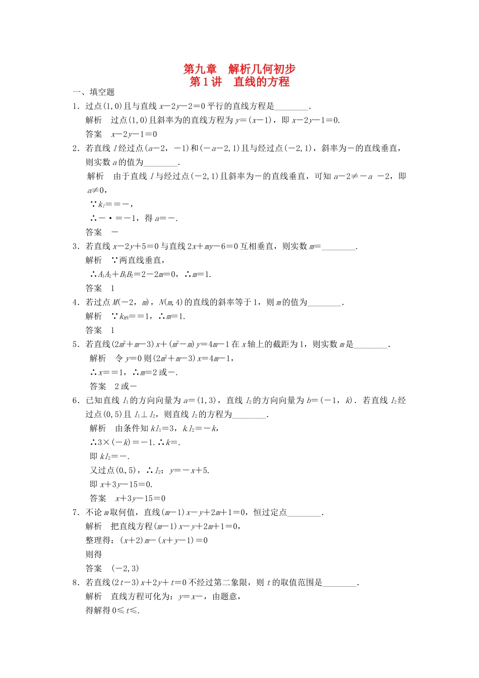 高考数学大一轮复习 9.1直线的方程试题 理 苏教版-苏教版高三全册数学试题_第1页