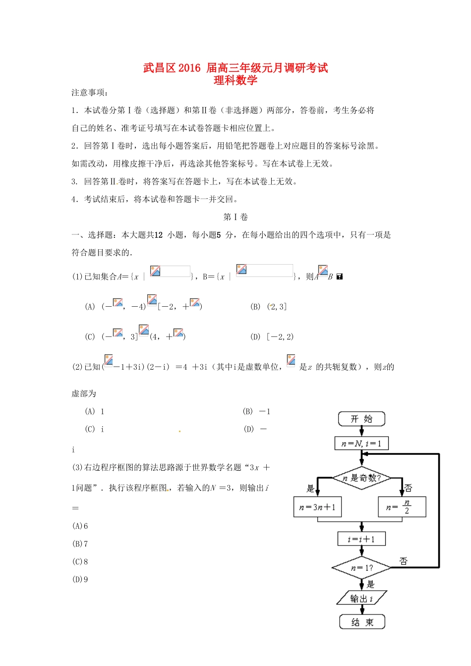 湖北省武汉市武昌区高三数学元月调研考试试题 理-人教版高三全册数学试题_第1页