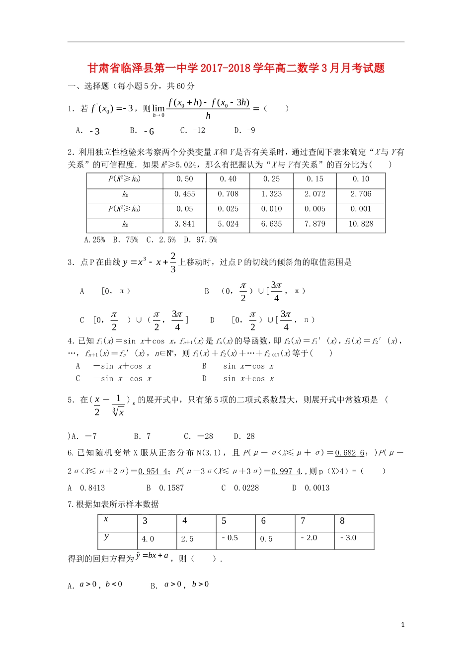 甘肃省张掖市临泽县高二数学3月月考试题-人教版高二全册数学试题_第1页