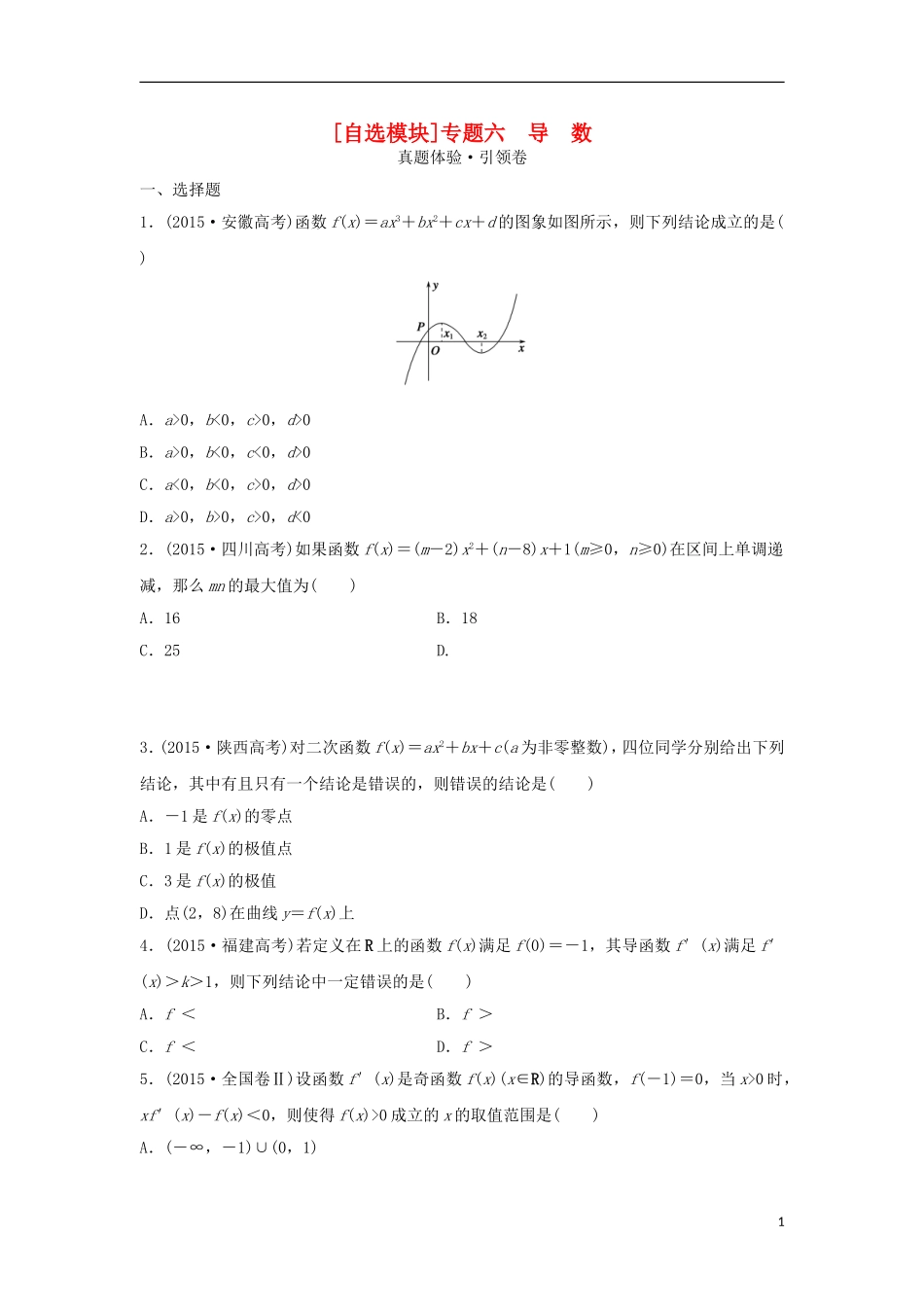 浙江省高三数学专题复习 专题六 导数真题体验 理-人教版高三全册数学试题_第1页