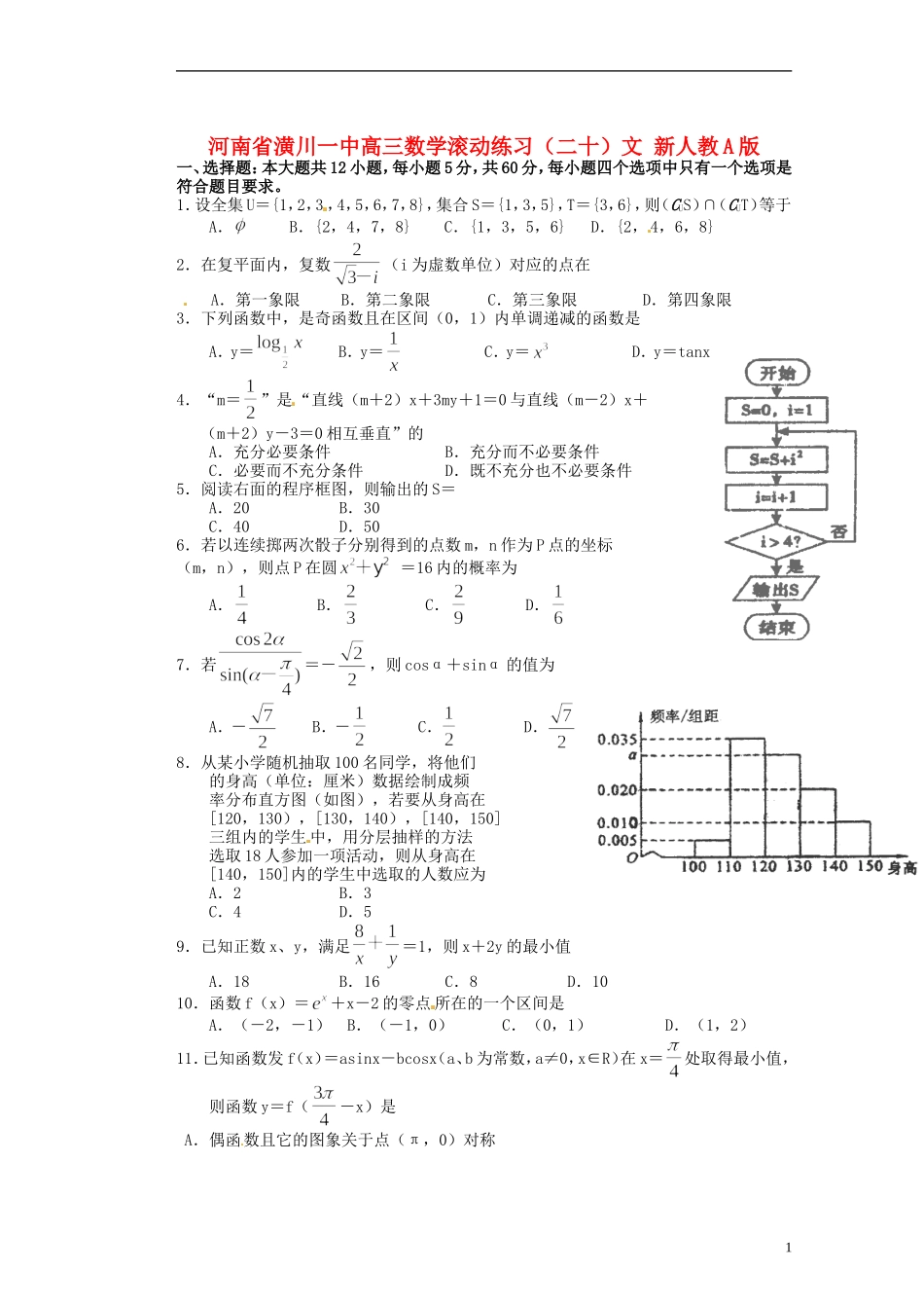 河南省潢川一中高三数学滚动练习（二十）文 新人教A版_第1页