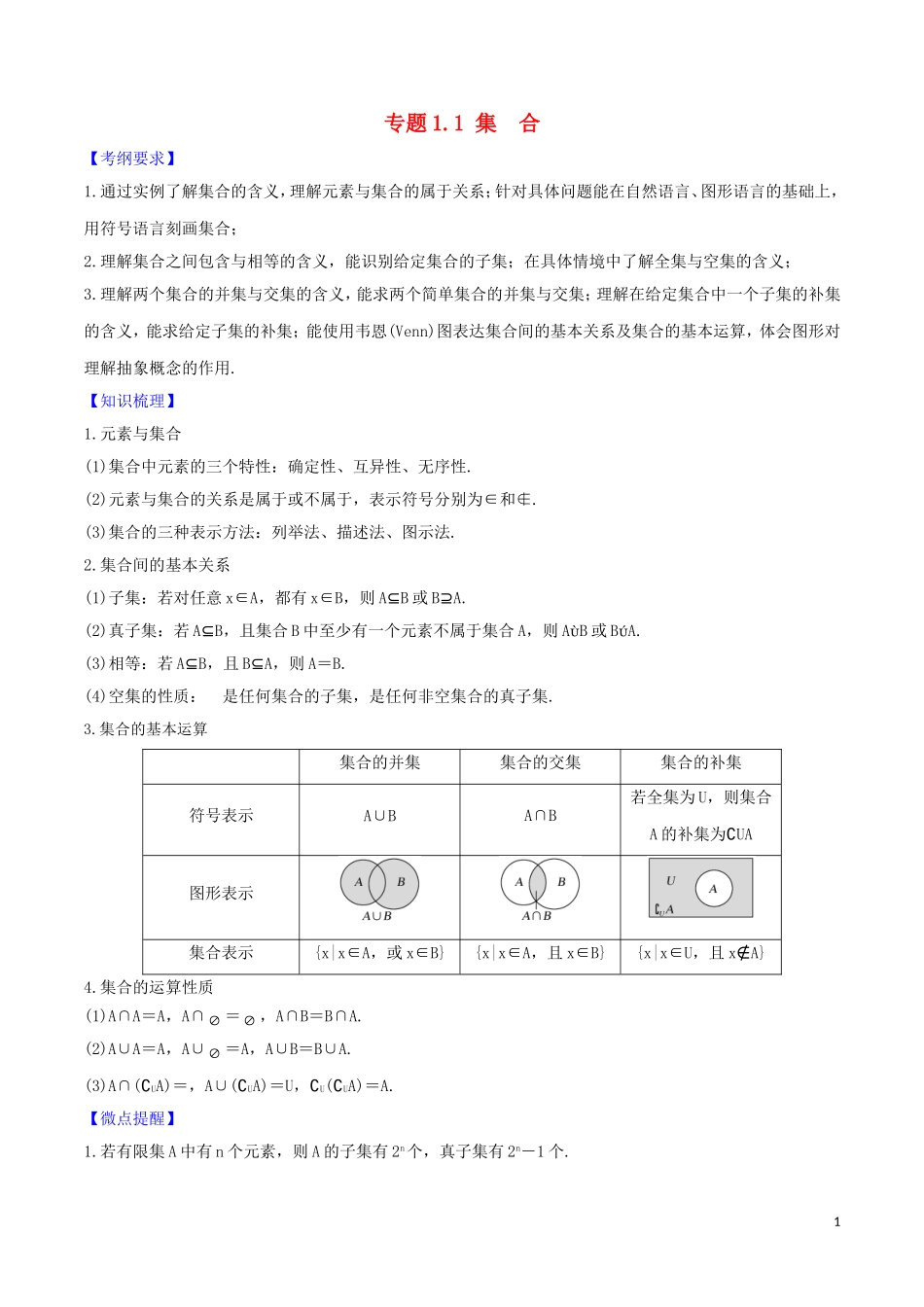 高考数学一轮复习 第一篇 集合与不等式 专题1.1 集合练习（含解析）-人教版高三全册数学试题_第1页