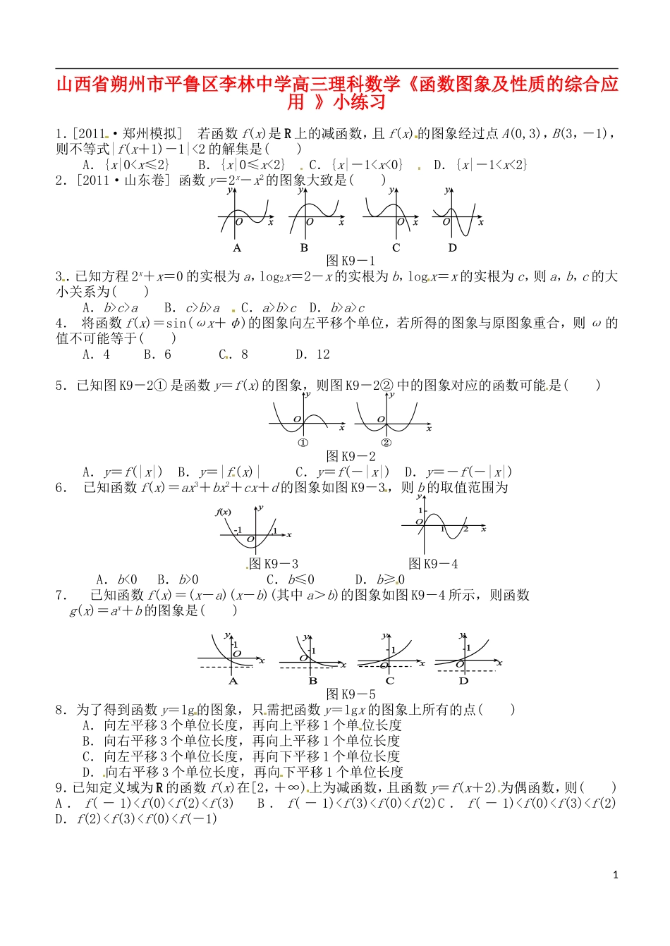 山西省朔州市平鲁区李林中学高三数学《函数图象及性质的综合应用》小练习 理_第1页