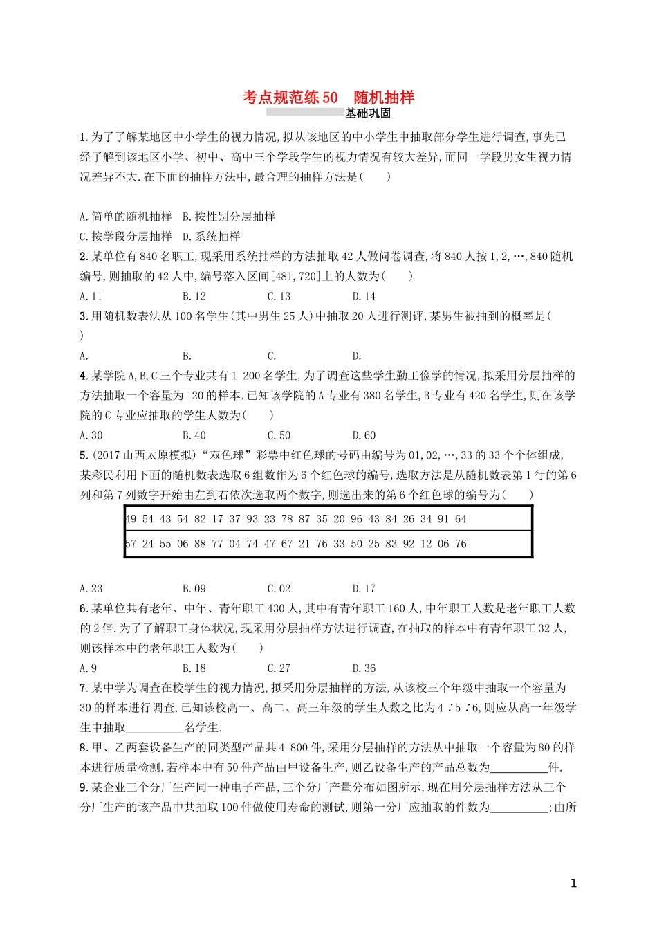 高考数学一轮复习 第十章 算法初步、统计与统计案例 考点规范练50 随机抽样 文 新人教A版-新人教A版高三全册数学试题_第1页