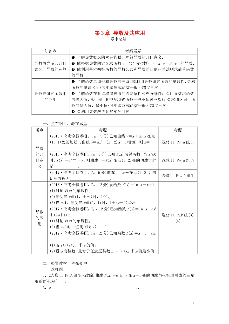 高考数学一轮复习 第3章 导数及其应用章末总结分层演练 文-人教版高三全册数学试题_第1页