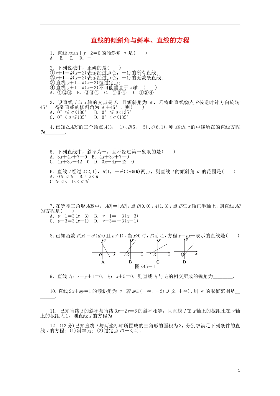 高考数学一轮复习 直线的倾斜角与斜率、直线方程基础知识检测 文-人教版高三全册数学试题_第1页