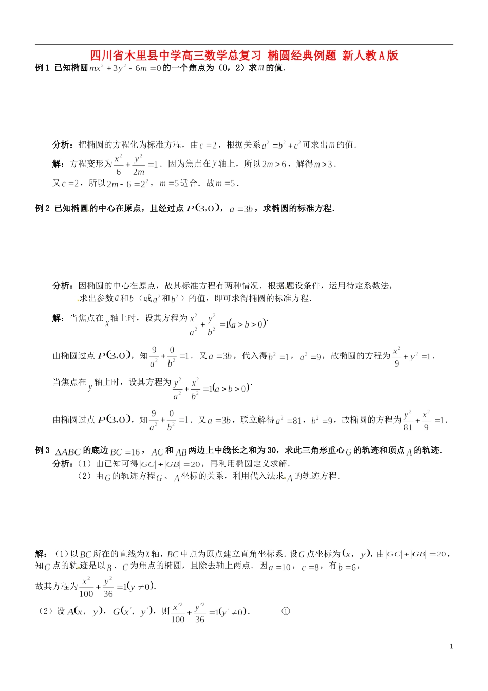 四川省木里县中学高三数学总复习 椭圆经典例题 新人教A版_第1页