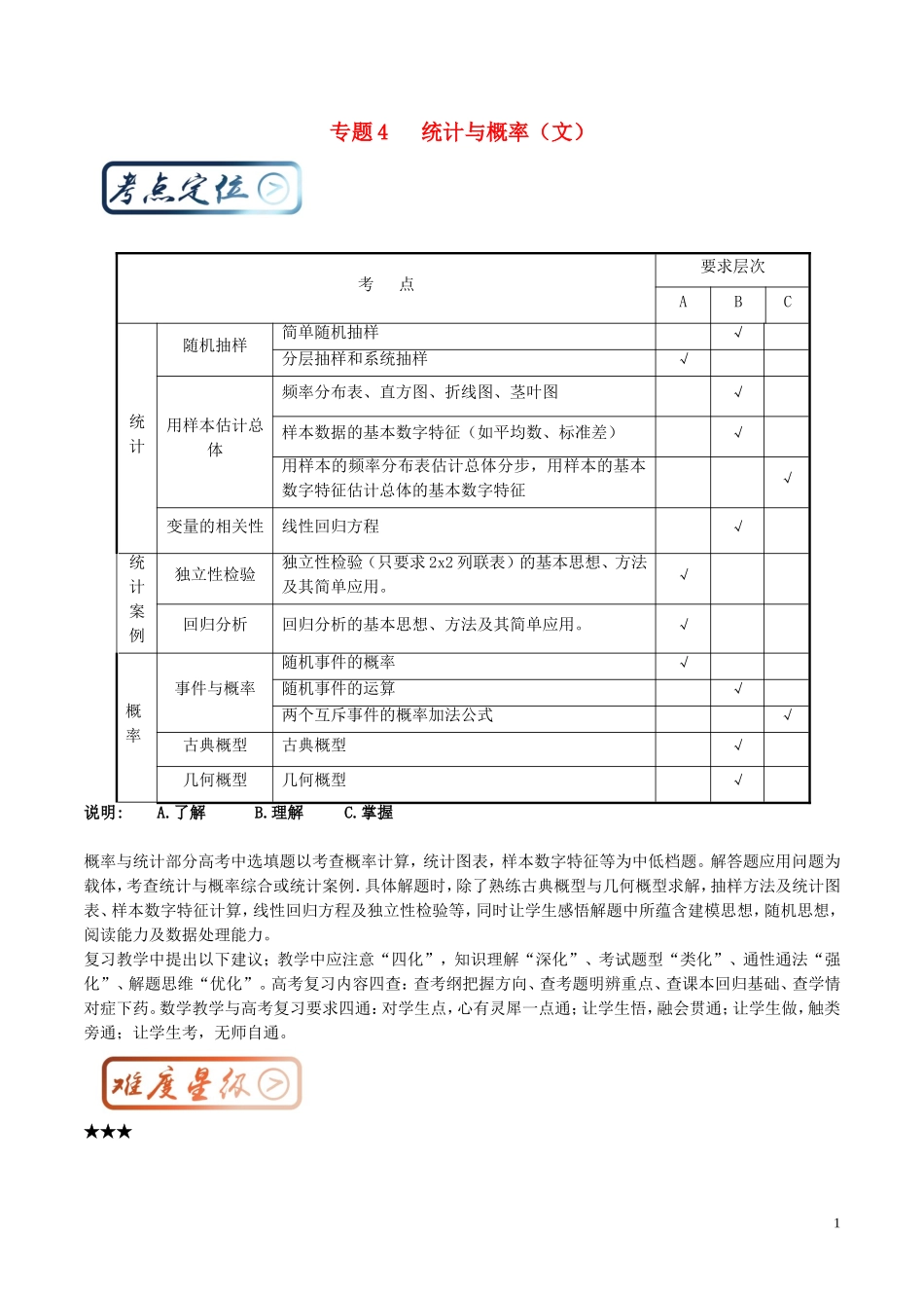 高考数学一轮复习 最拿分考点系列 考点4 统计与概率 文-人教版高三全册数学试题_第1页
