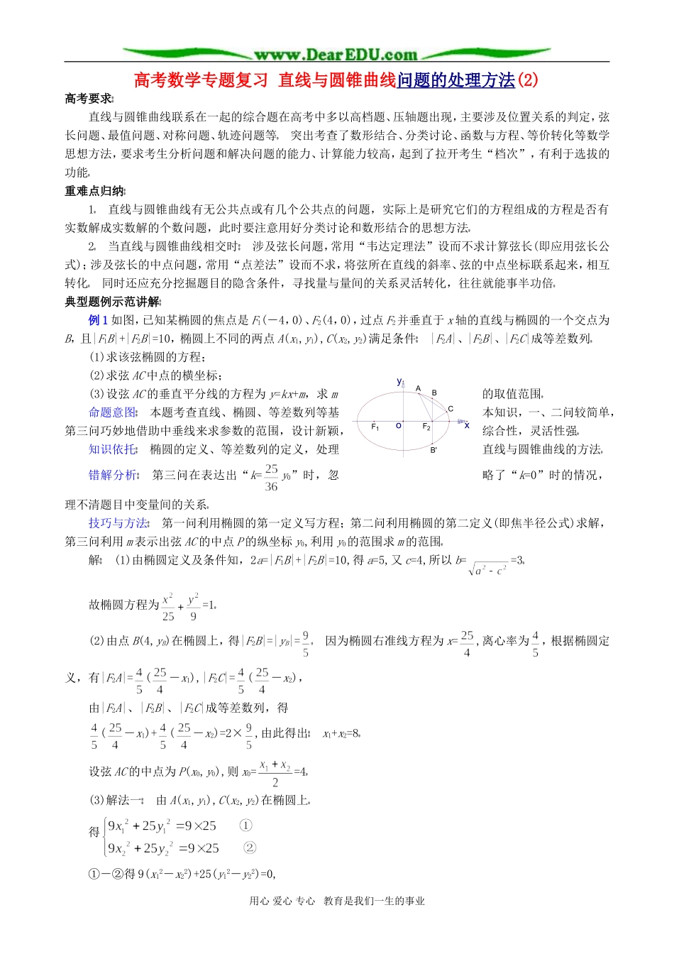 高考数学专题复习 直线与圆锥曲线问题的处理方法(2)_第1页