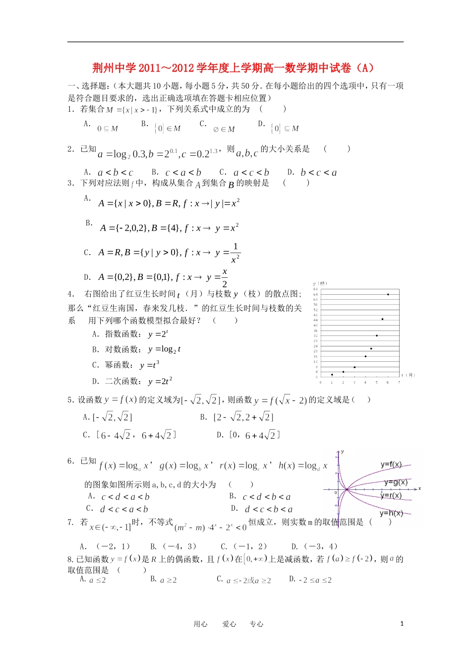 湖北省荆州中学11-12学年高一数学上学期期中考试（A）【会员独享】_第1页