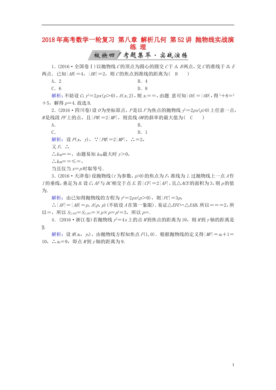 高考数学一轮复习 第八章 解析几何 第52讲 抛物线实战演练 理-人教版高三全册数学试题_第1页
