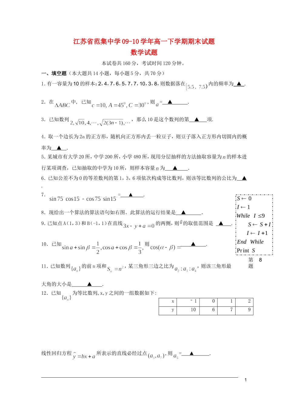 江苏省范集中学09-10学年高一数学下学期期末试题苏教版【会员独享】_第1页