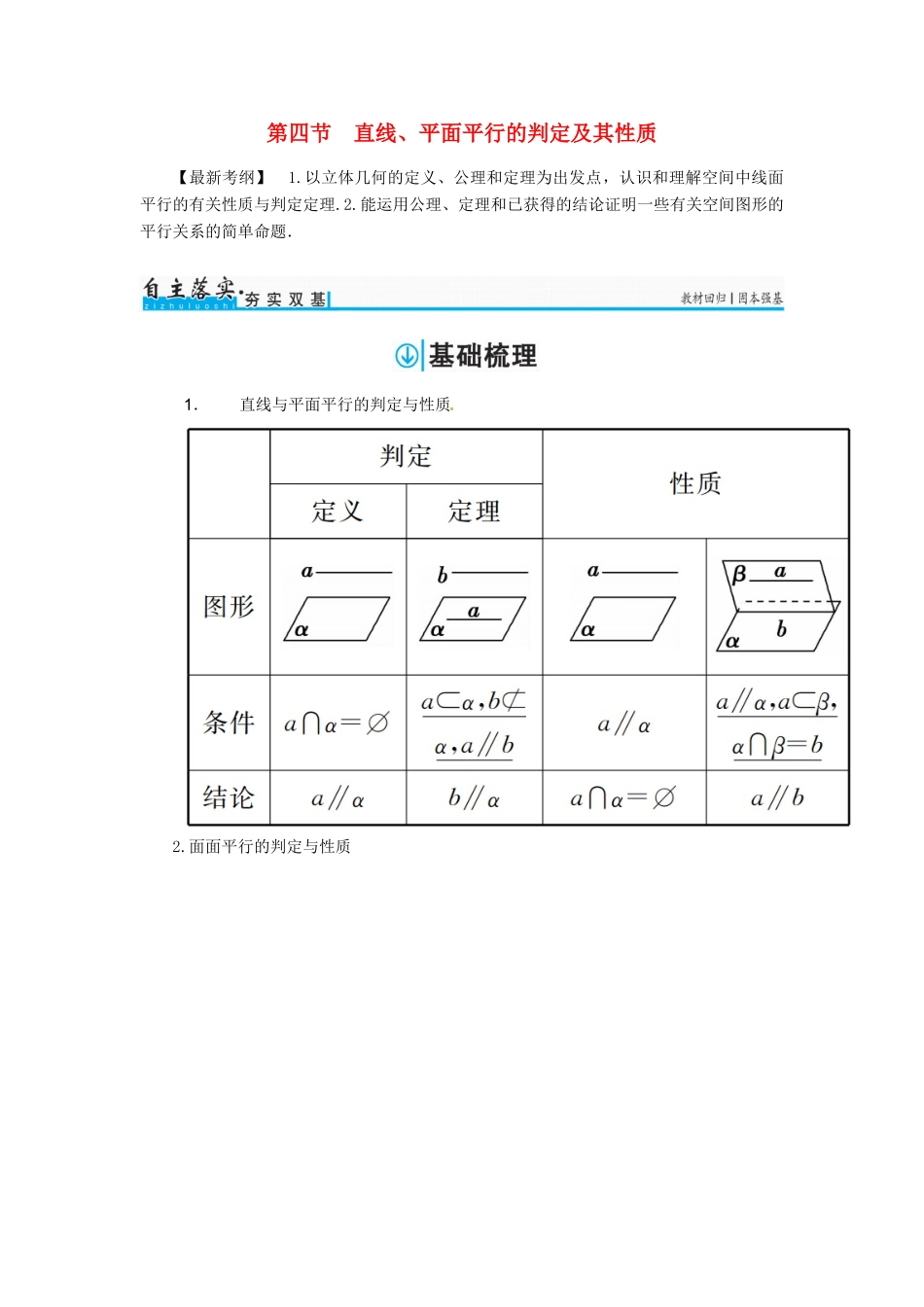 高考数学一轮总复习 第七章 立体几何 第四节 直线、平面平行的判定及其性质练习 理-人教版高三全册数学试题_第1页