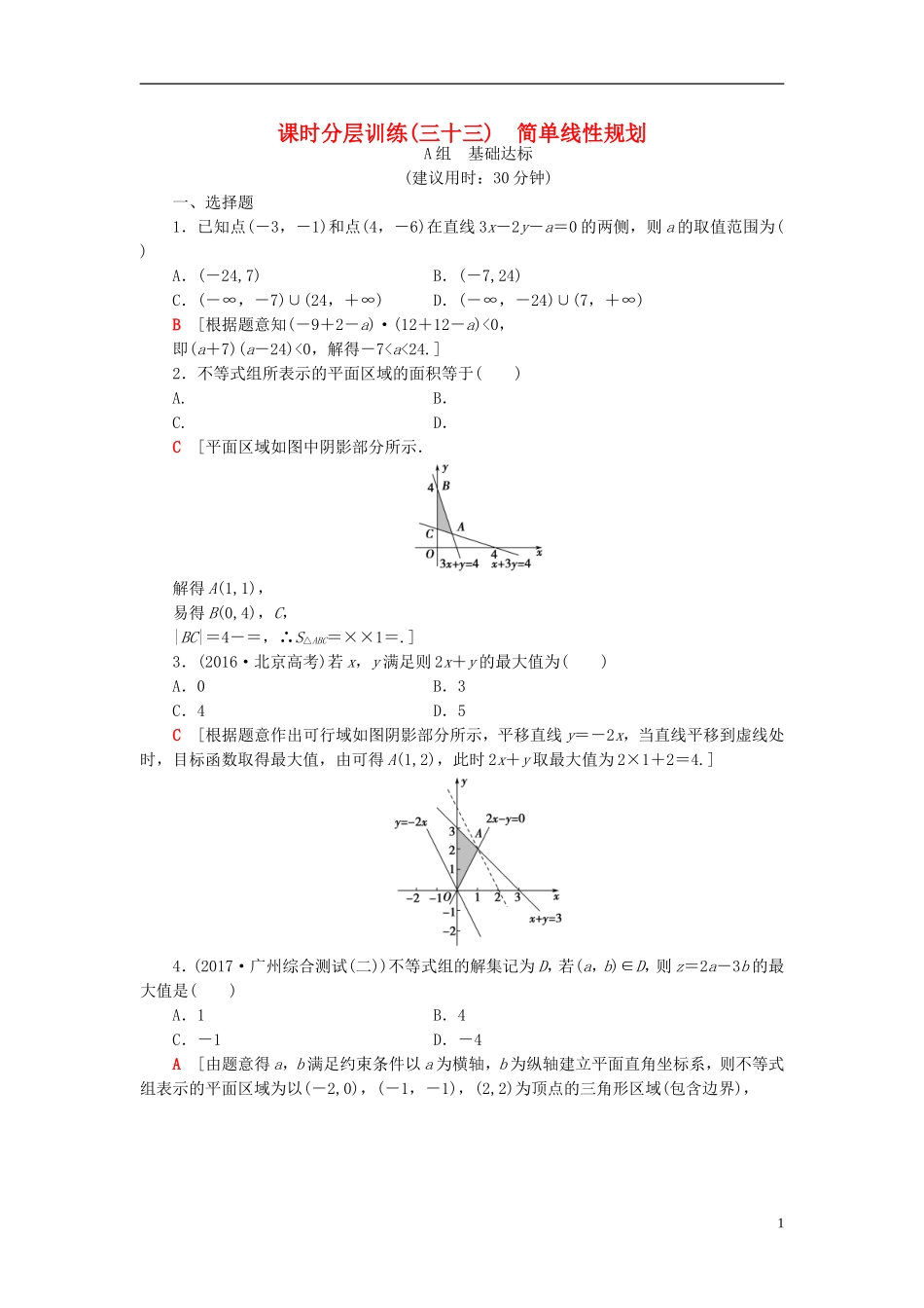 高考数学一轮复习 第6章 不等式、推理与证明 第3节 简单线性规划课时分层训练 文 北师大版-北师大版高三全册数学试题_第1页