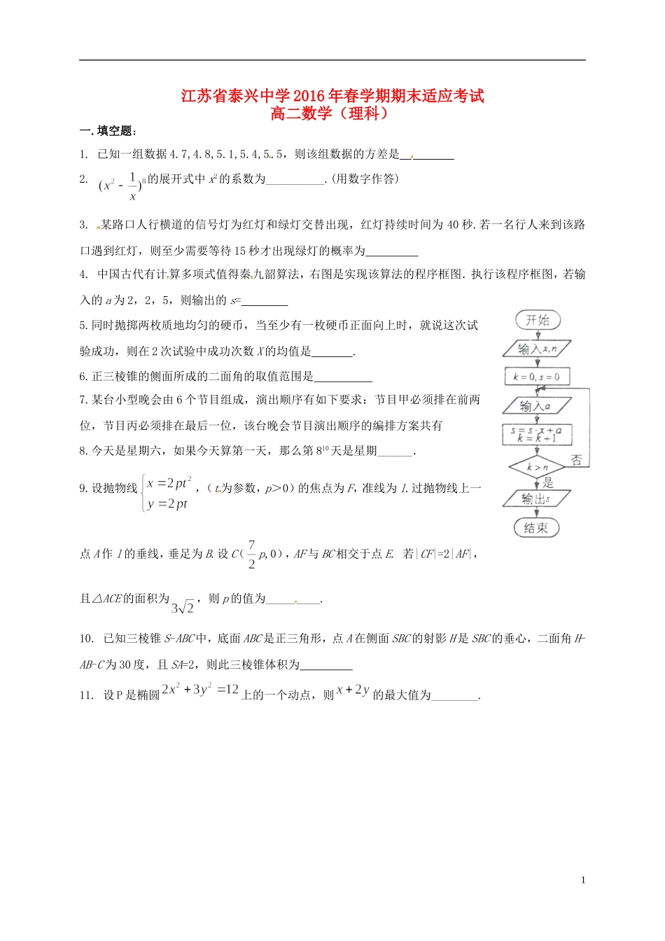 高二数学下学期期末适应性练习试题 理-人教版高二全册数学试题_第1页