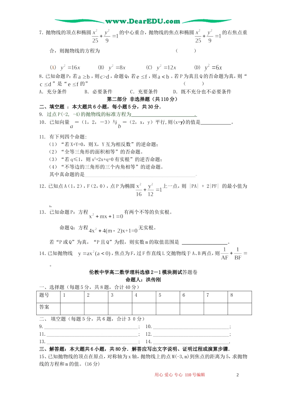 广东省佛山顺德伦教中学高二数学理科选修2-1测试题_第2页