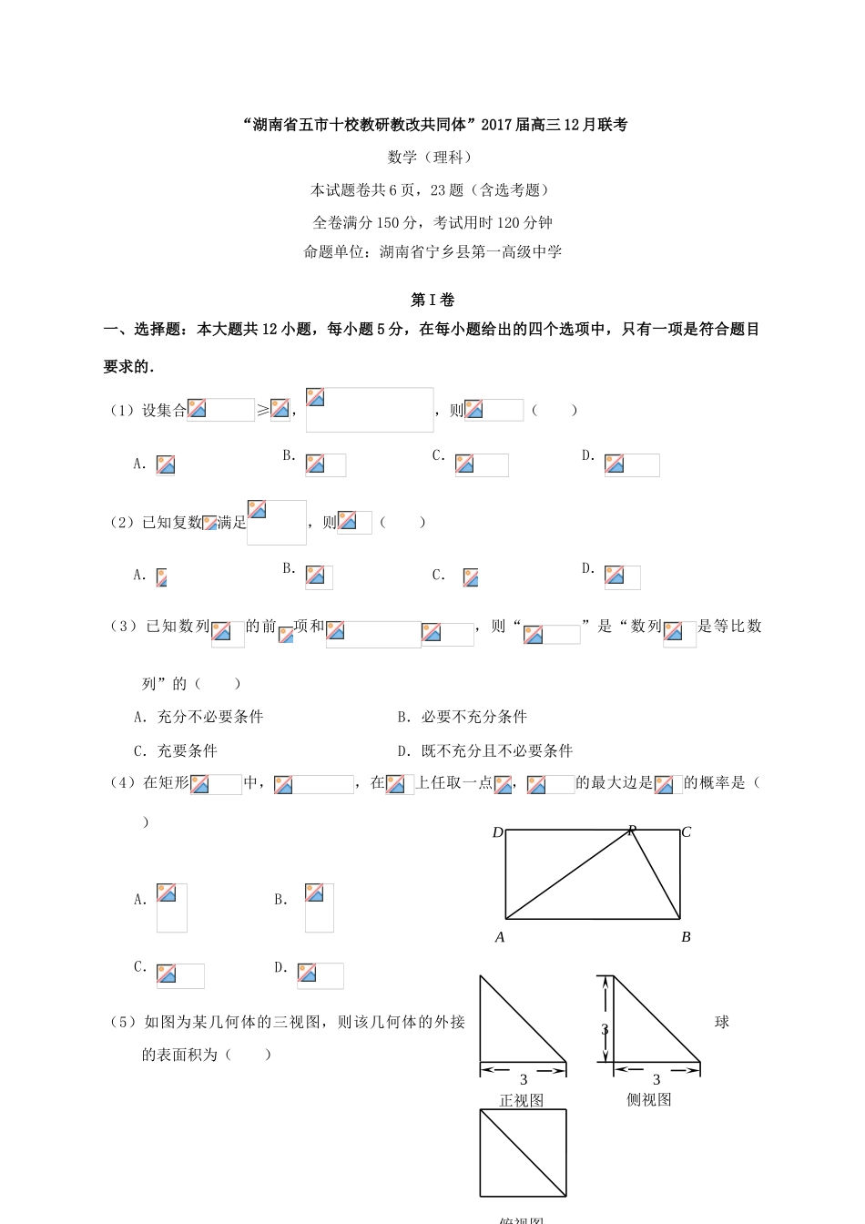 湖南省长株潭岳益五市十校高三数学12月联考试题 理-人教版高三全册数学试题_第2页