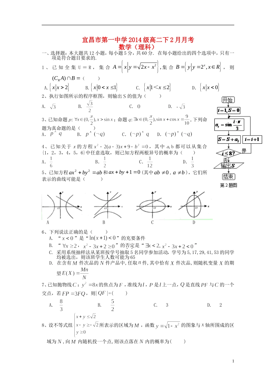 湖北省宜昌一中高二数学2月月考试题 理-人教版高二全册数学试题_第1页