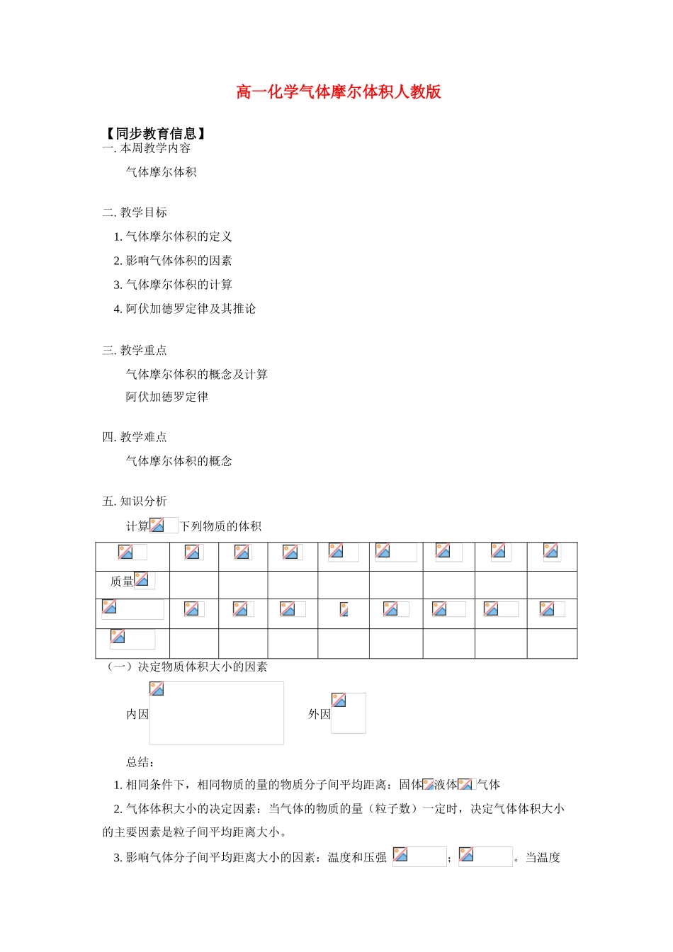 高一化学气体摩尔体积人教版 知识精讲_第1页