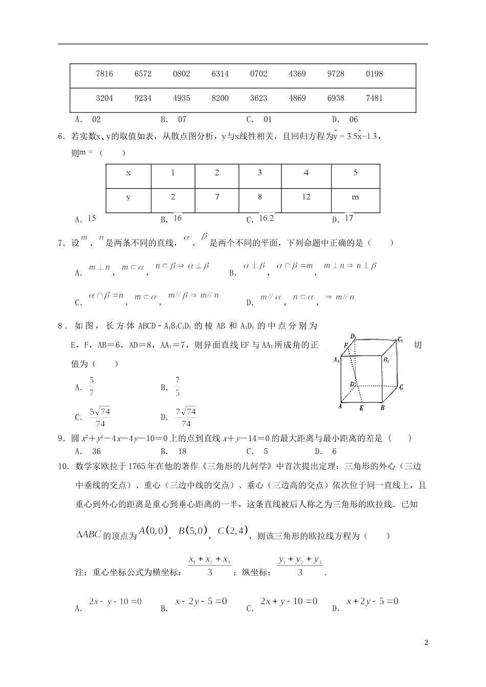 高二数学上学期第二次大考试题 文-人教版高二全册数学试题_第2页