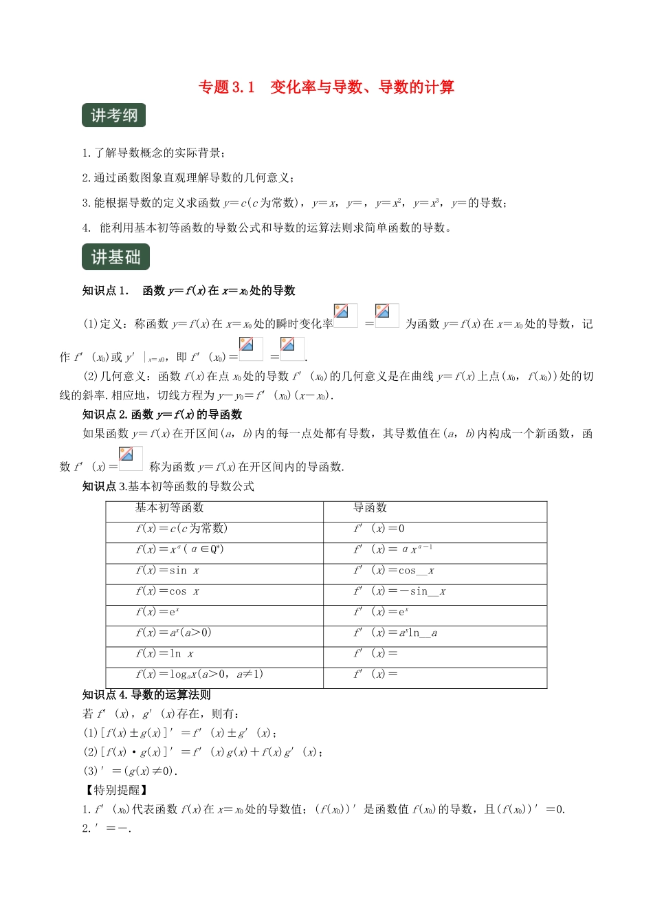 高考数学一轮复习讲练测 专题3.1 变化率与导数、导数的计算（讲）文（含解析）-人教版高三全册数学试题_第1页