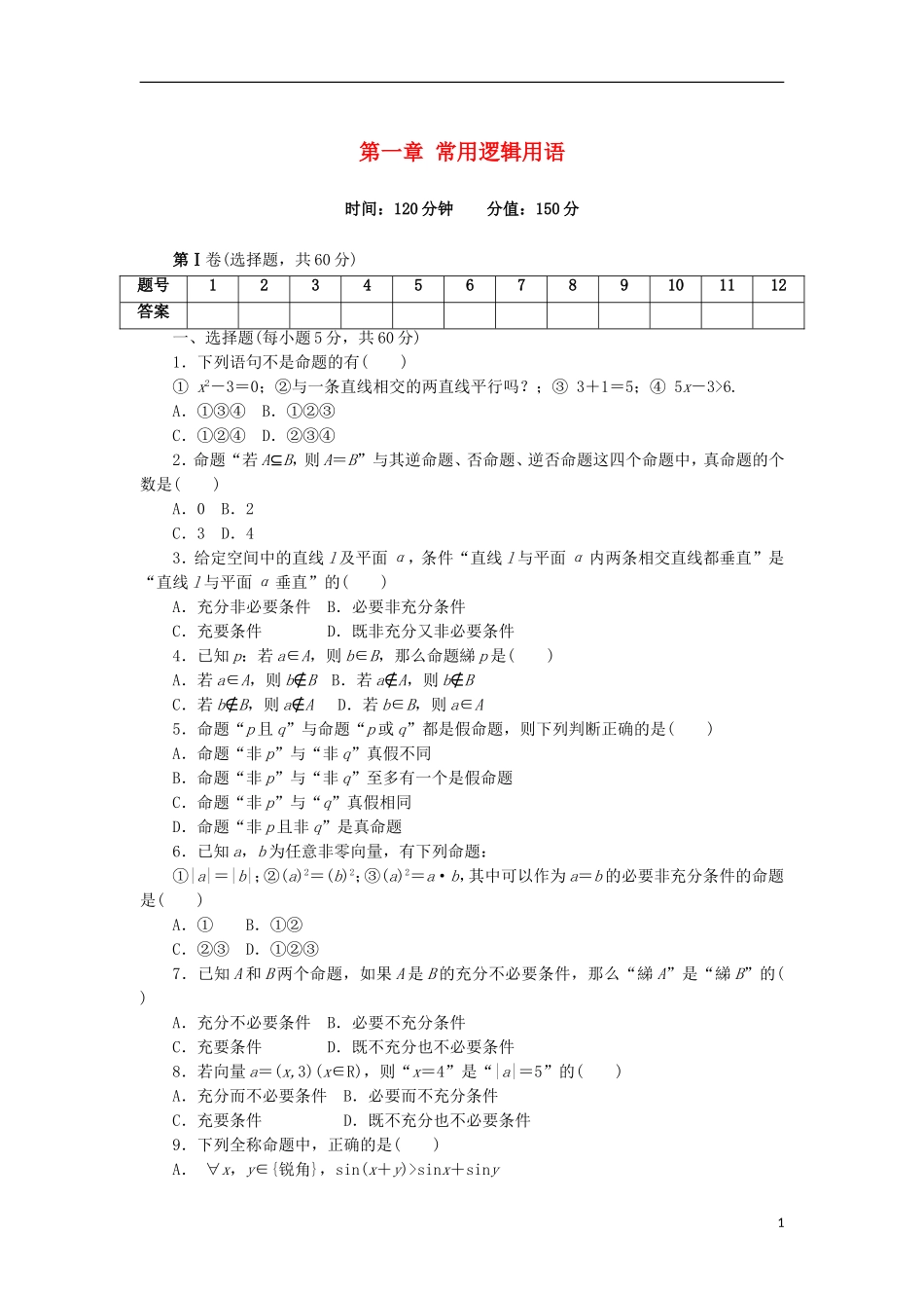 高中数学 第一章 常用逻辑用语同步检测（二）新人教A版选修1-1-新人教A版高二选修1-1数学试题_第1页
