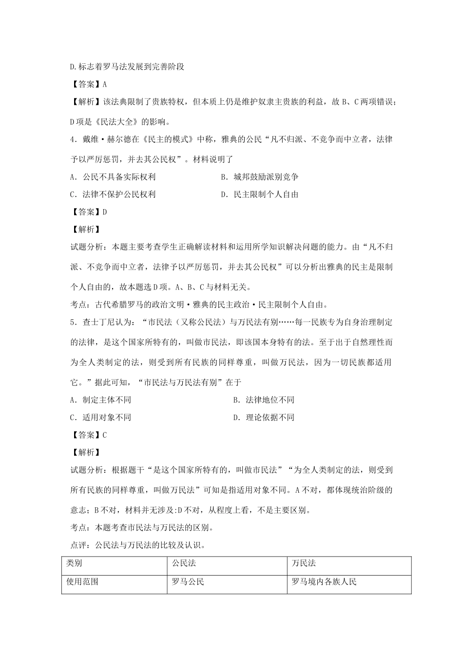 高中历史 专题六 古代希腊、罗马的政治文明 单元总结练习 人民版必修1-人民版高一必修1历史试题_第2页