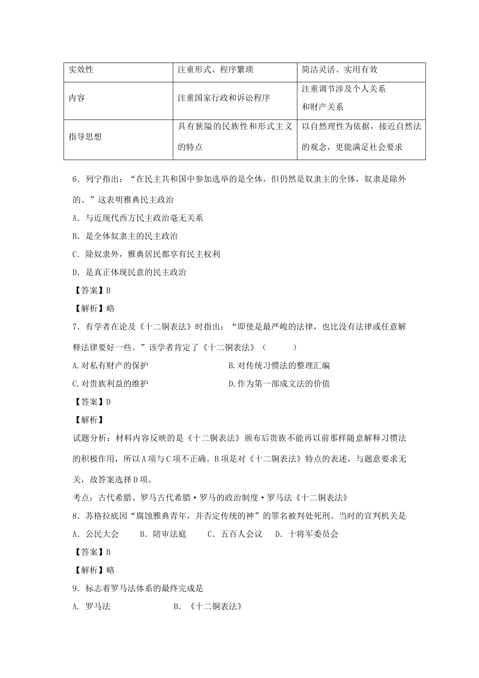 高中历史 专题六 古代希腊、罗马的政治文明 单元总结练习 人民版必修1-人民版高一必修1历史试题_第3页