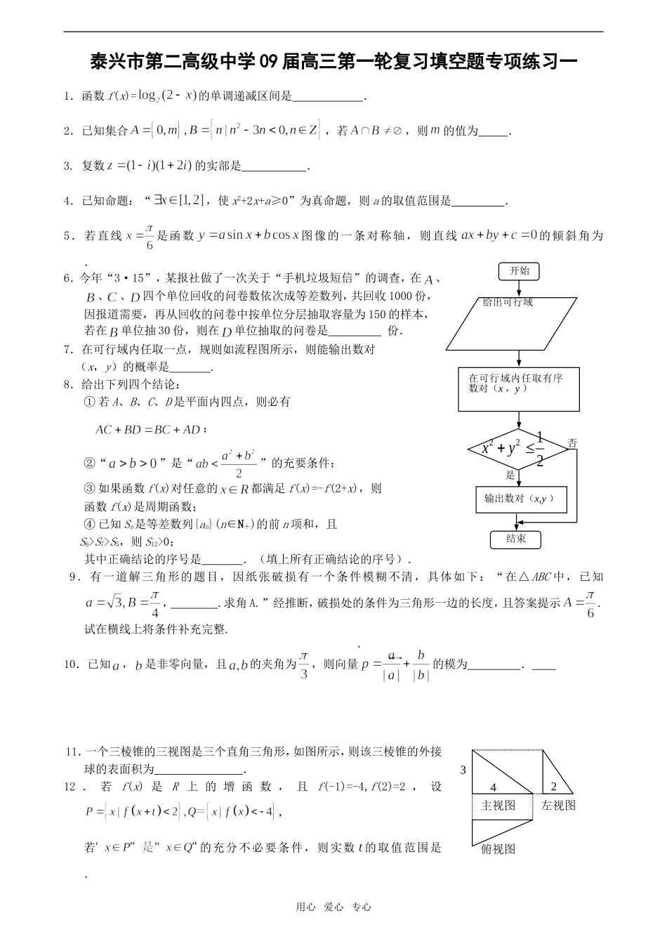 江苏省泰兴市第二高级中学09届高三数学第一轮复习填空题专项练习共10套_第1页