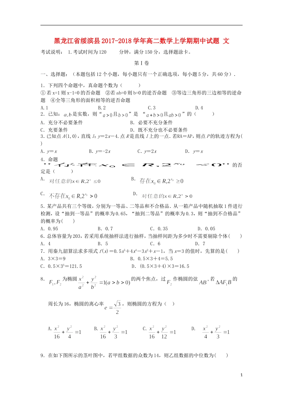 黑龙江省绥滨县高二数学上学期期中试题 文-人教版高二全册数学试题_第1页