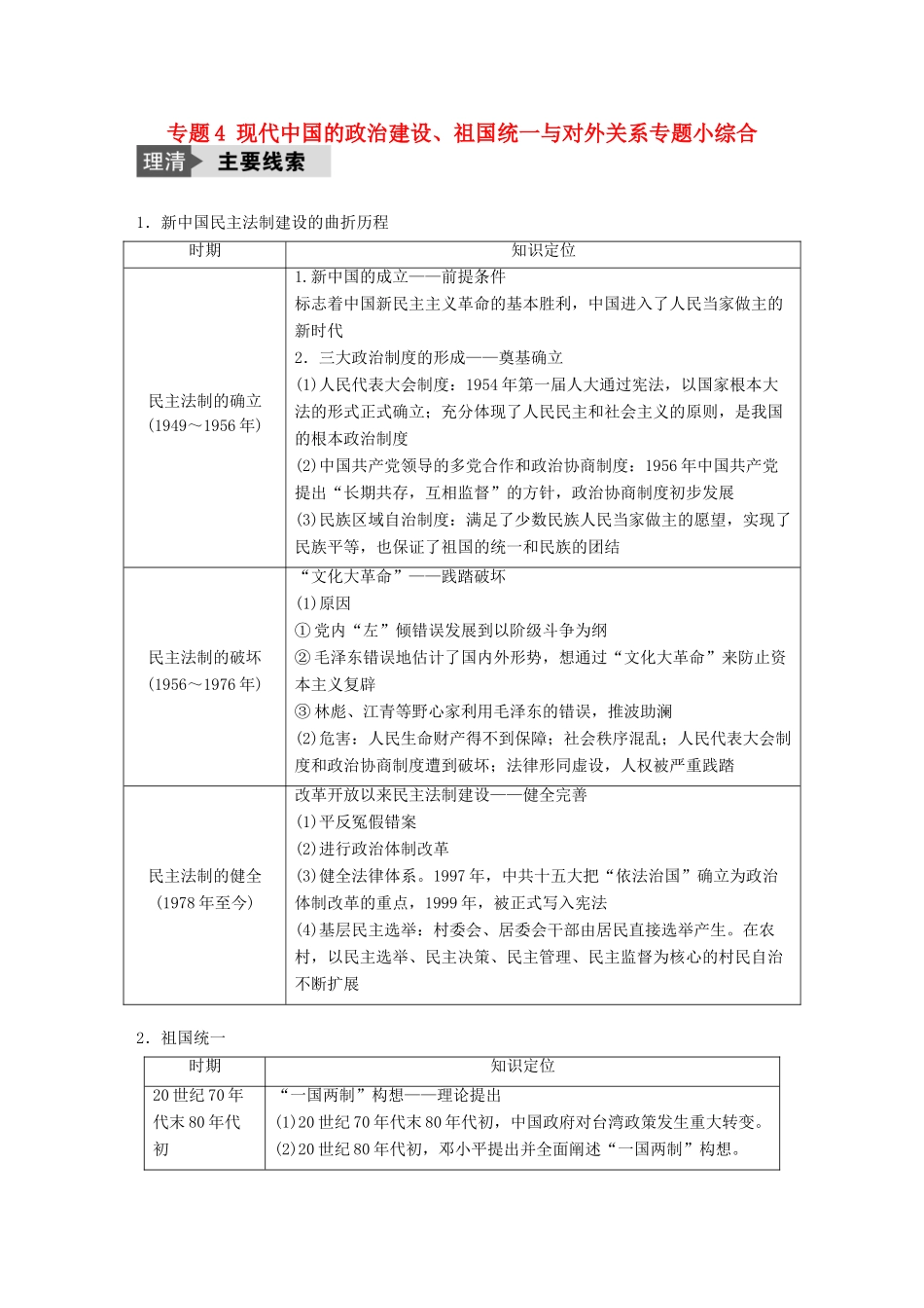 （浙江选考）高考历史总复习 专题4 现代中国的政治建设、祖国统一与对外关系专题小综合-人教版高三全册历史试题_第1页