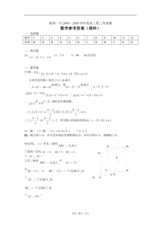 霍邱一中08—09学年度高三年级第三次统测数学参考答案（理）