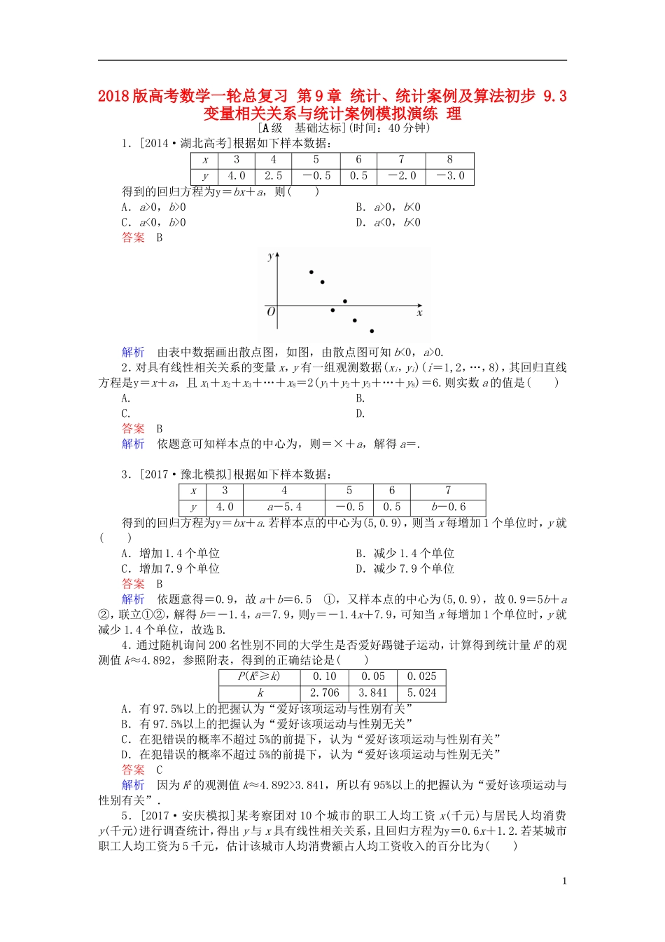 高考数学一轮总复习 第9章 统计、统计案例及算法初步 9.3 变量相关关系与统计案例模拟演练 理-人教版高三全册数学试题_第1页
