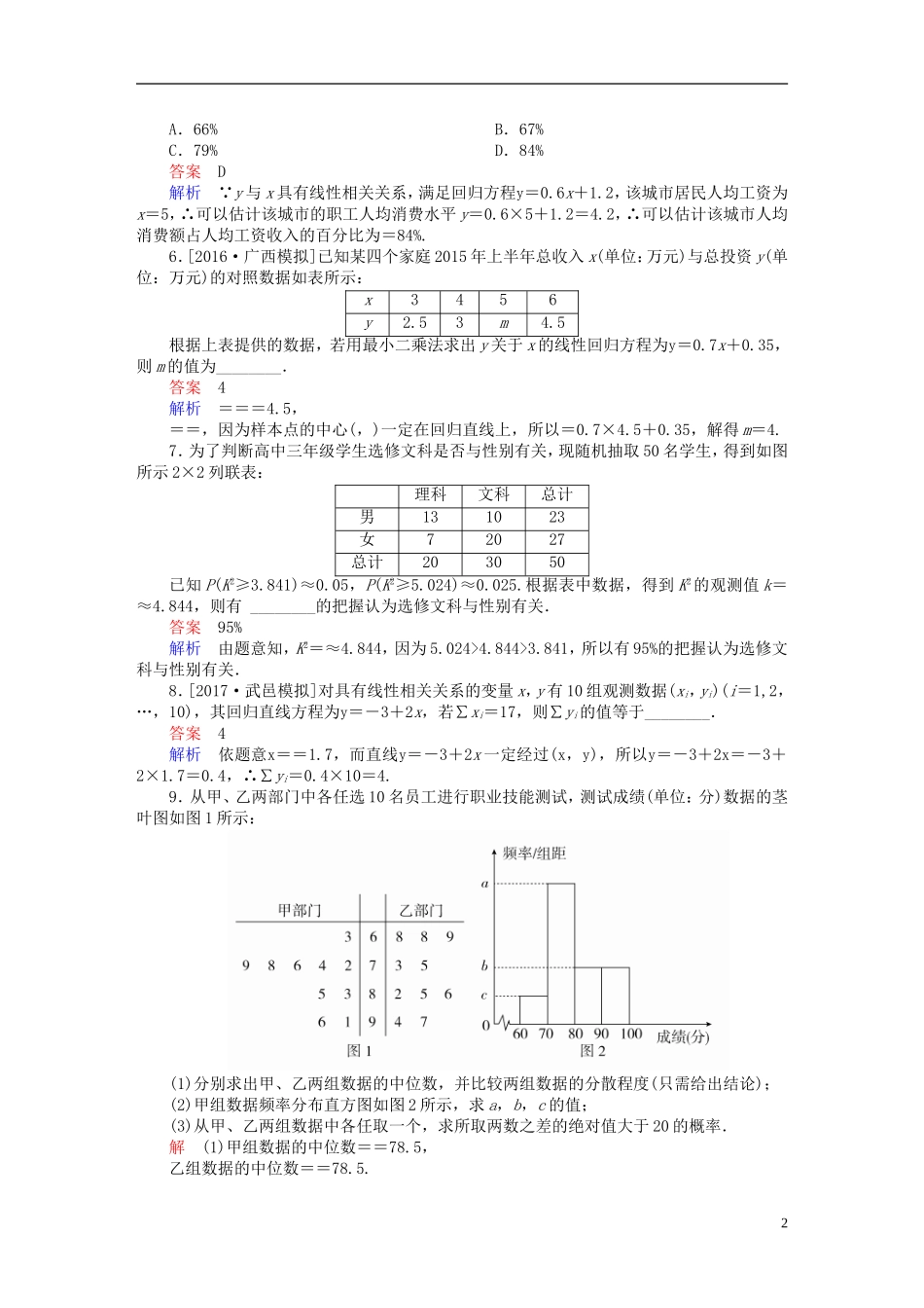 高考数学一轮总复习 第9章 统计、统计案例及算法初步 9.3 变量相关关系与统计案例模拟演练 理-人教版高三全册数学试题_第2页
