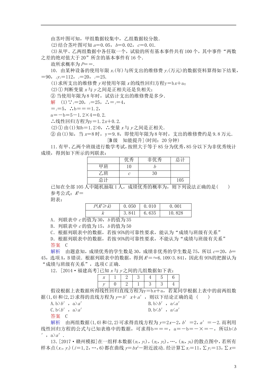 高考数学一轮总复习 第9章 统计、统计案例及算法初步 9.3 变量相关关系与统计案例模拟演练 理-人教版高三全册数学试题_第3页