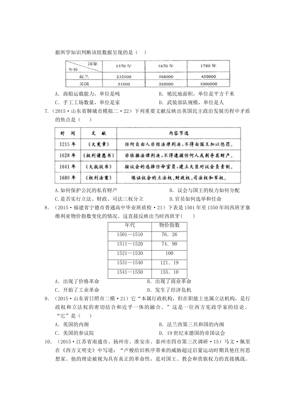 全国各地高考历史试题汇编 专题3 近代世界文明 第1讲 工场手工业时期西方文明的兴起（A卷）（含解析）-人教版高三全册历史试题_第2页