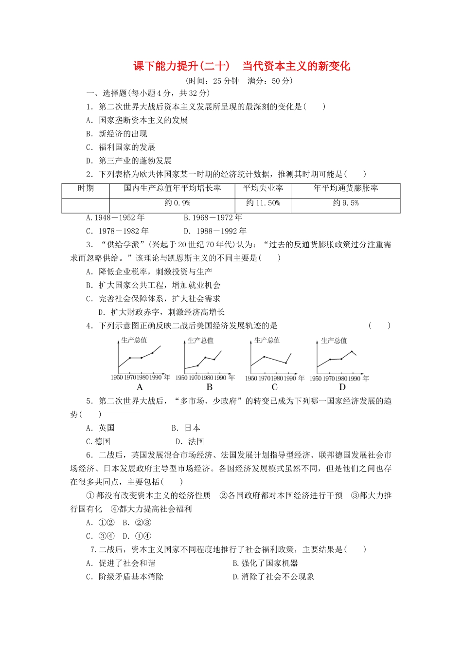 高中历史 课下能力提升（二十）当代资本主义的新变化（含解析）人民版必修2-人民版高一必修2历史试题_第1页