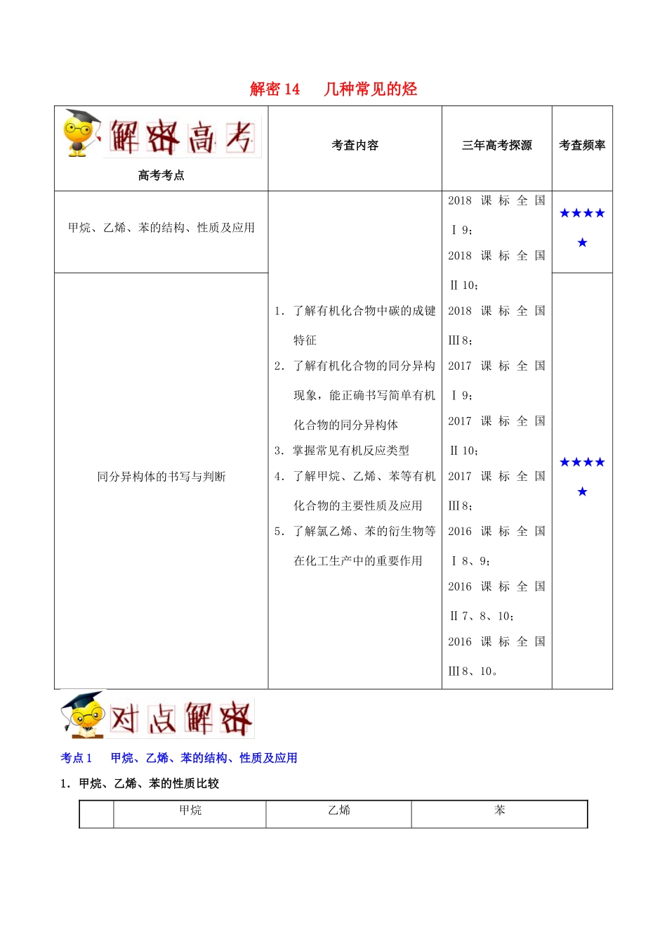 备战高考化学 高频考点解密14 几种常见的烃（含解析）-人教版高三全册化学试题_第1页