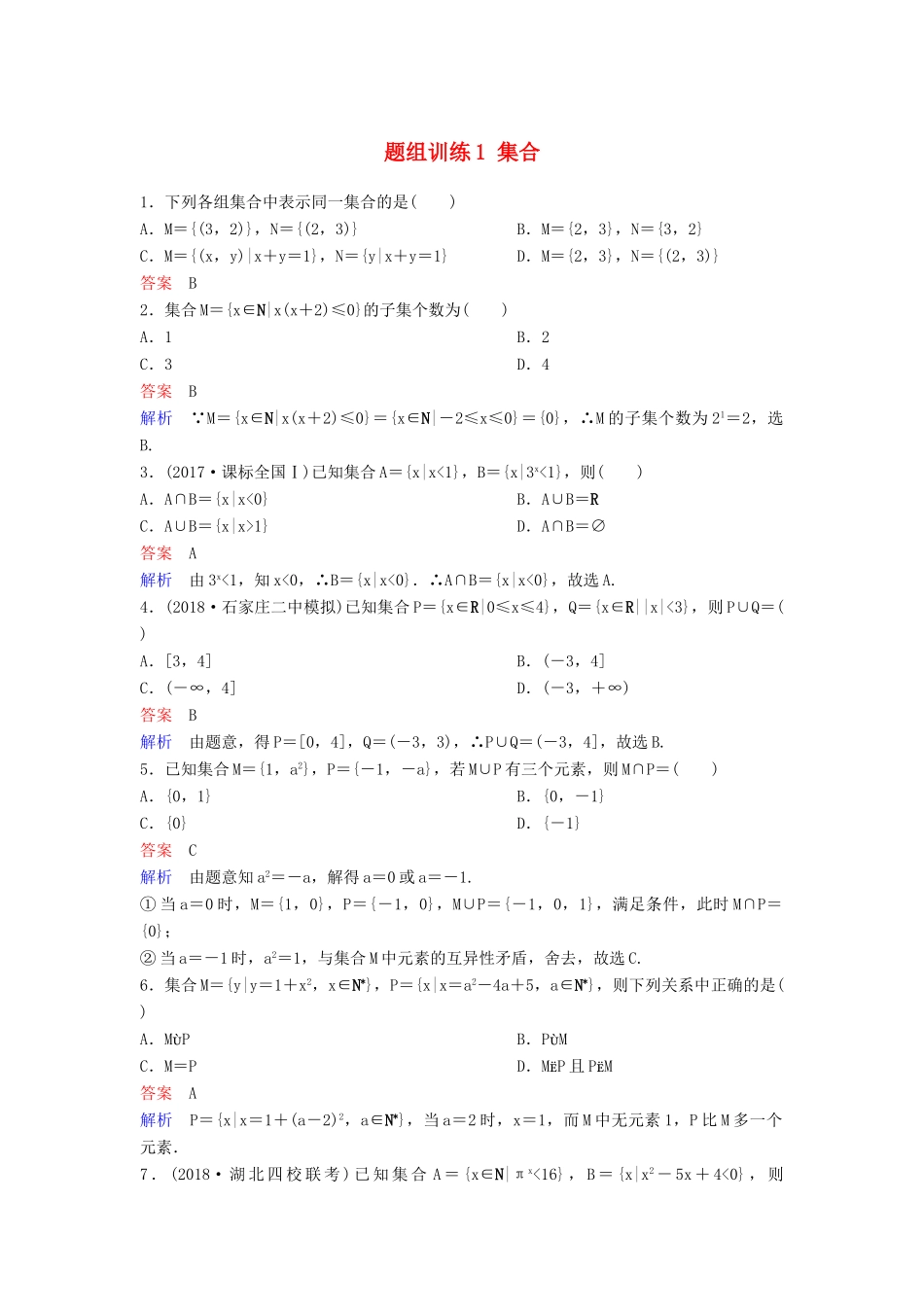 高考数学一轮总复习 第一章 集合与简易逻辑 题组训练1 集合 理-人教版高三全册数学试题_第1页