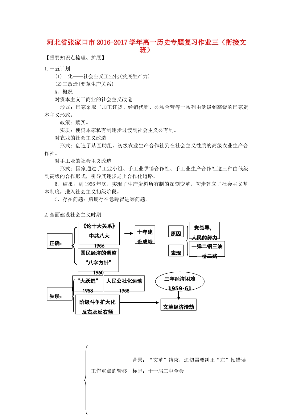河北省张家口市高一历史专题复习作业三（衔接文班）-人教版高一全册历史试题_第1页