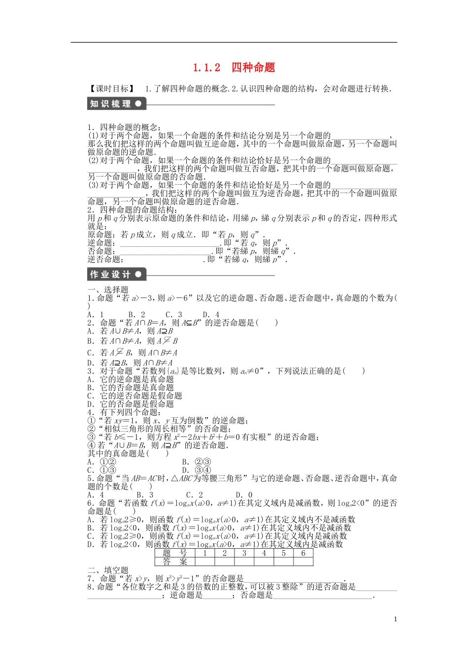 高中数学 第1章 常用逻辑用语 1.1.2 四种命题课时作业 新人教A版选修2-1-新人教A版高二选修2-1数学试题_第1页