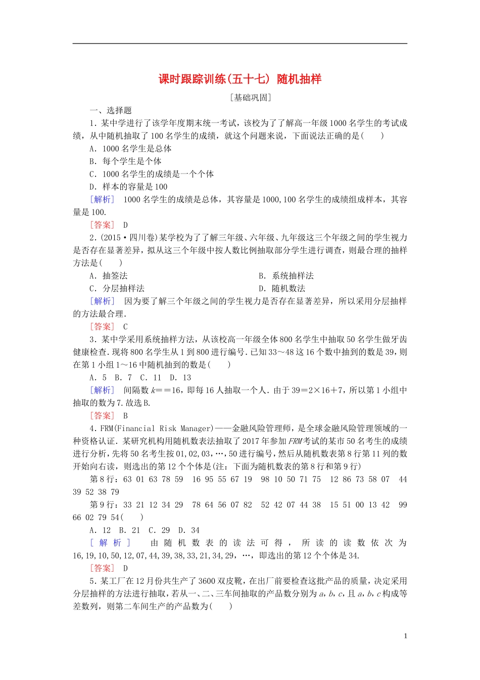 高考数学一轮复习 第十一章 统计与统计案例、算法 课时跟踪训练57 随机抽样 文-人教版高三全册数学试题_第1页