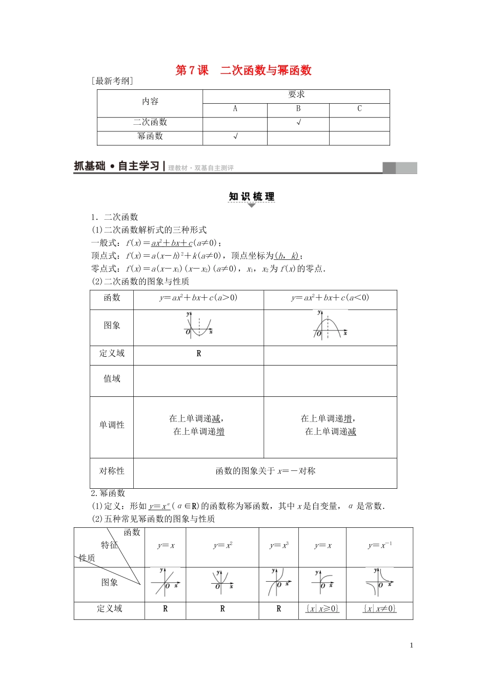 （江苏专用）高考数学一轮复习 第二章 函数概念与基本初等函数（Ⅰ）第7课 二次函数与幂函数教师用书-人教版高三全册数学试题_第1页
