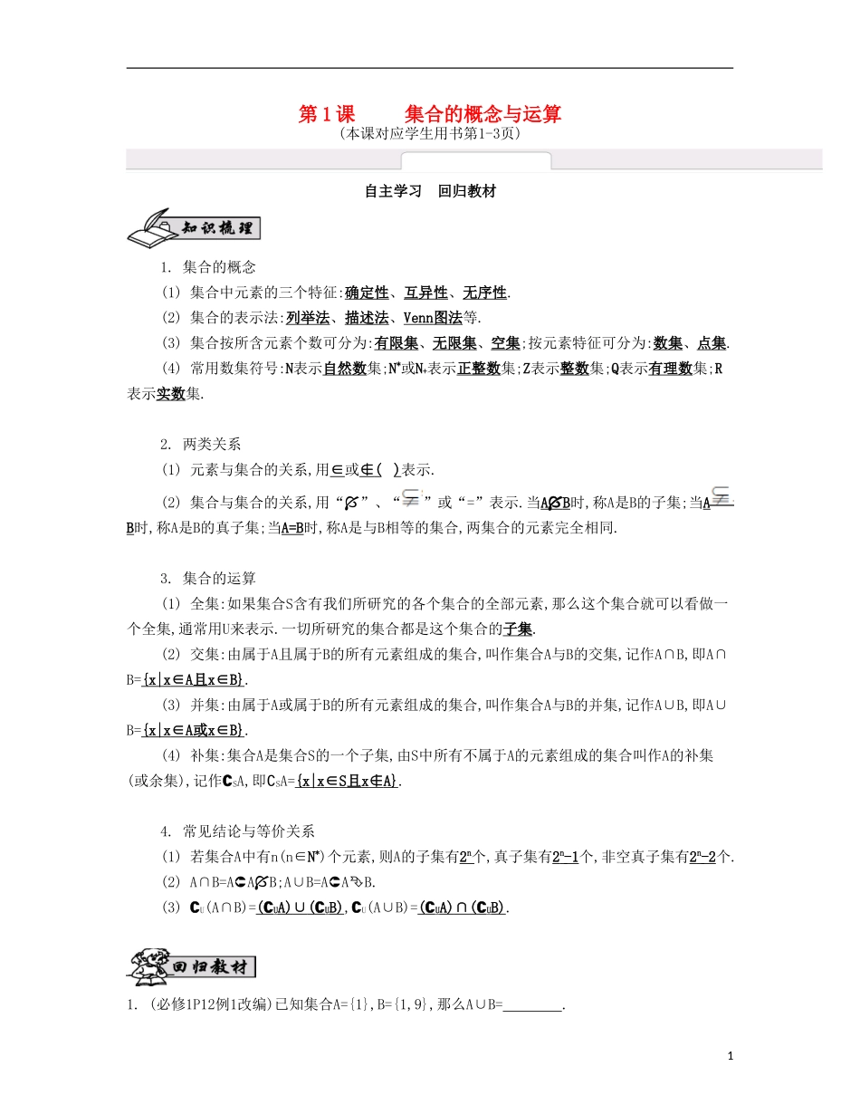 （江苏专用）高考数学大一轮复习 第一章 第1课 集合的概念与运算自主学习-人教版高三全册数学试题_第1页