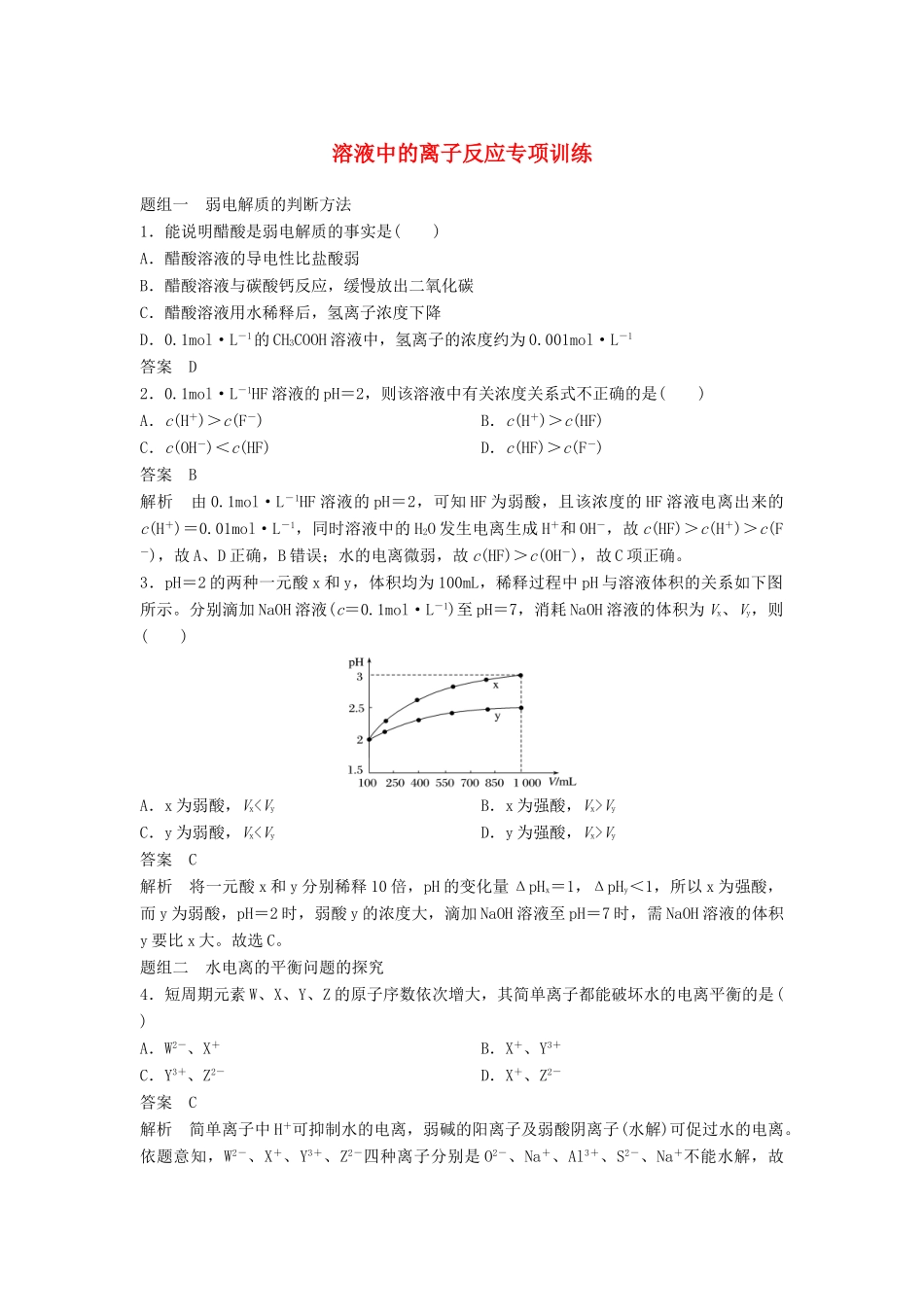 高中化学 专题5 溶液中的离子平衡专项训练 苏教版必修2-苏教版高一必修2化学试题_第1页