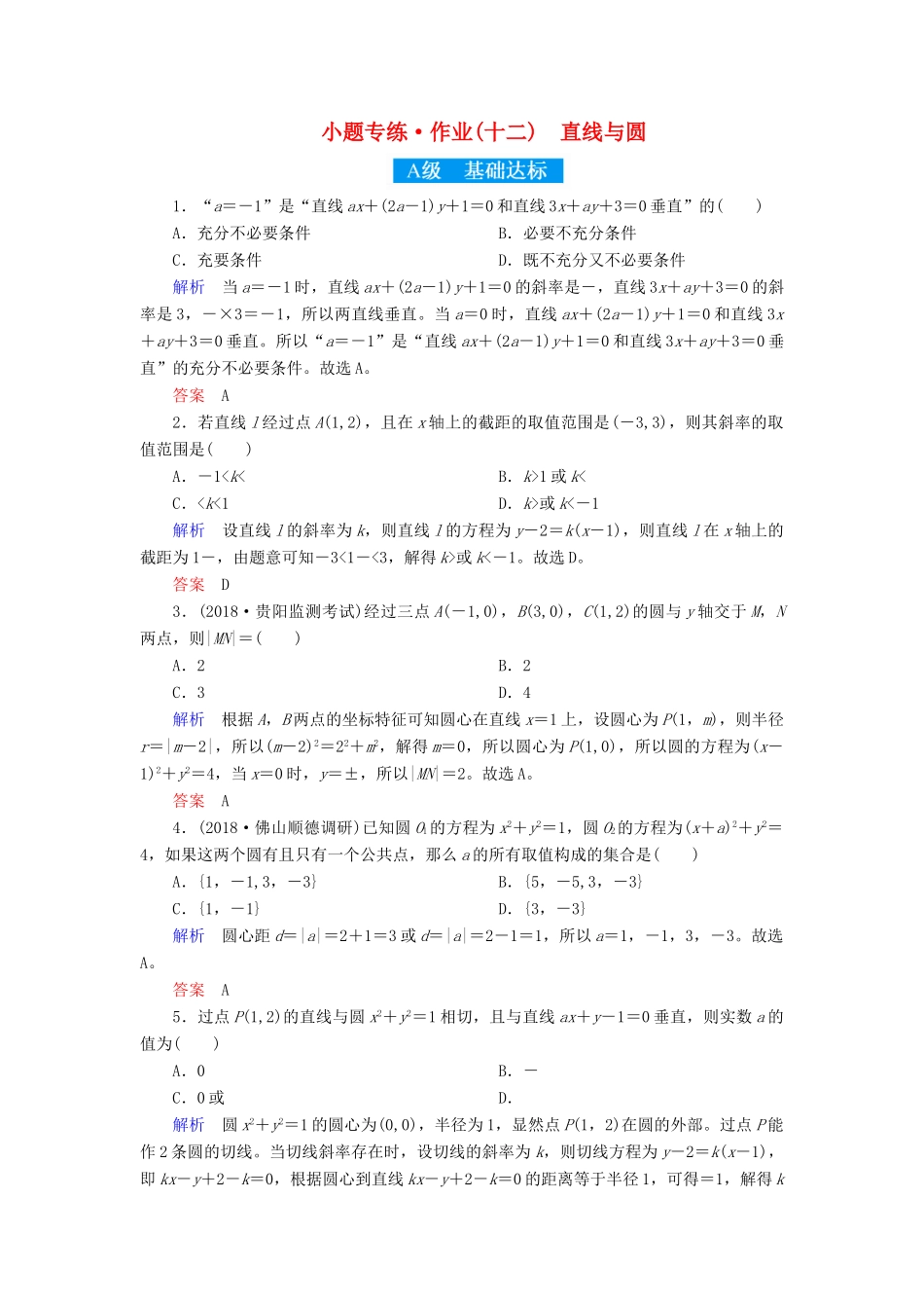 高考高考数学二轮复习 小题专练作业（十二）直线与圆 理-人教版高三全册数学试题_第1页