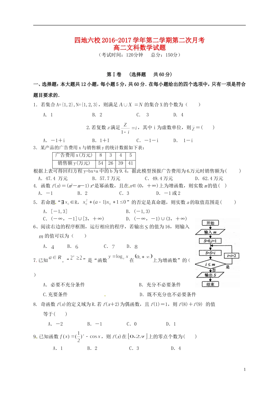 福建省四地六校高二数学下学期第二次联考（5月）试题 文-人教版高二全册数学试题_第1页