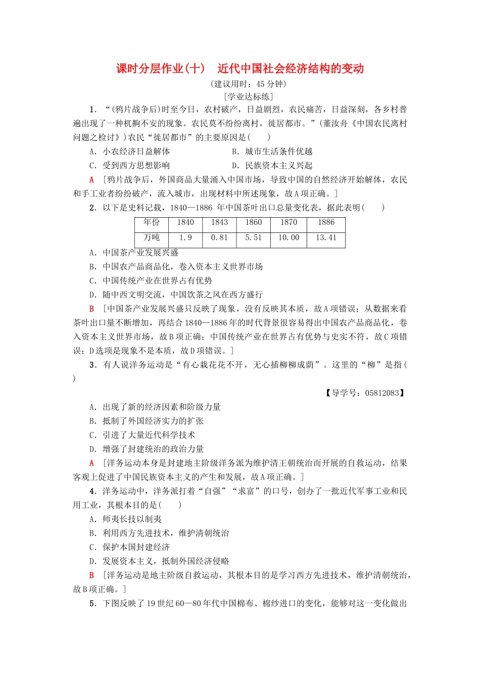 高中历史 课时分层作业10 近代中国社会经济结构的变动 岳麓版必修2-岳麓版高一必修2历史试题_第1页