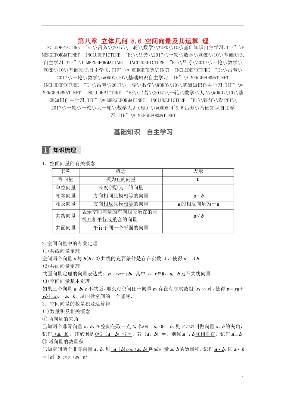 高考数学一轮复习 第八章 立体几何 8.6 空间向量及其运算 理-人教版高三全册数学试题_第1页