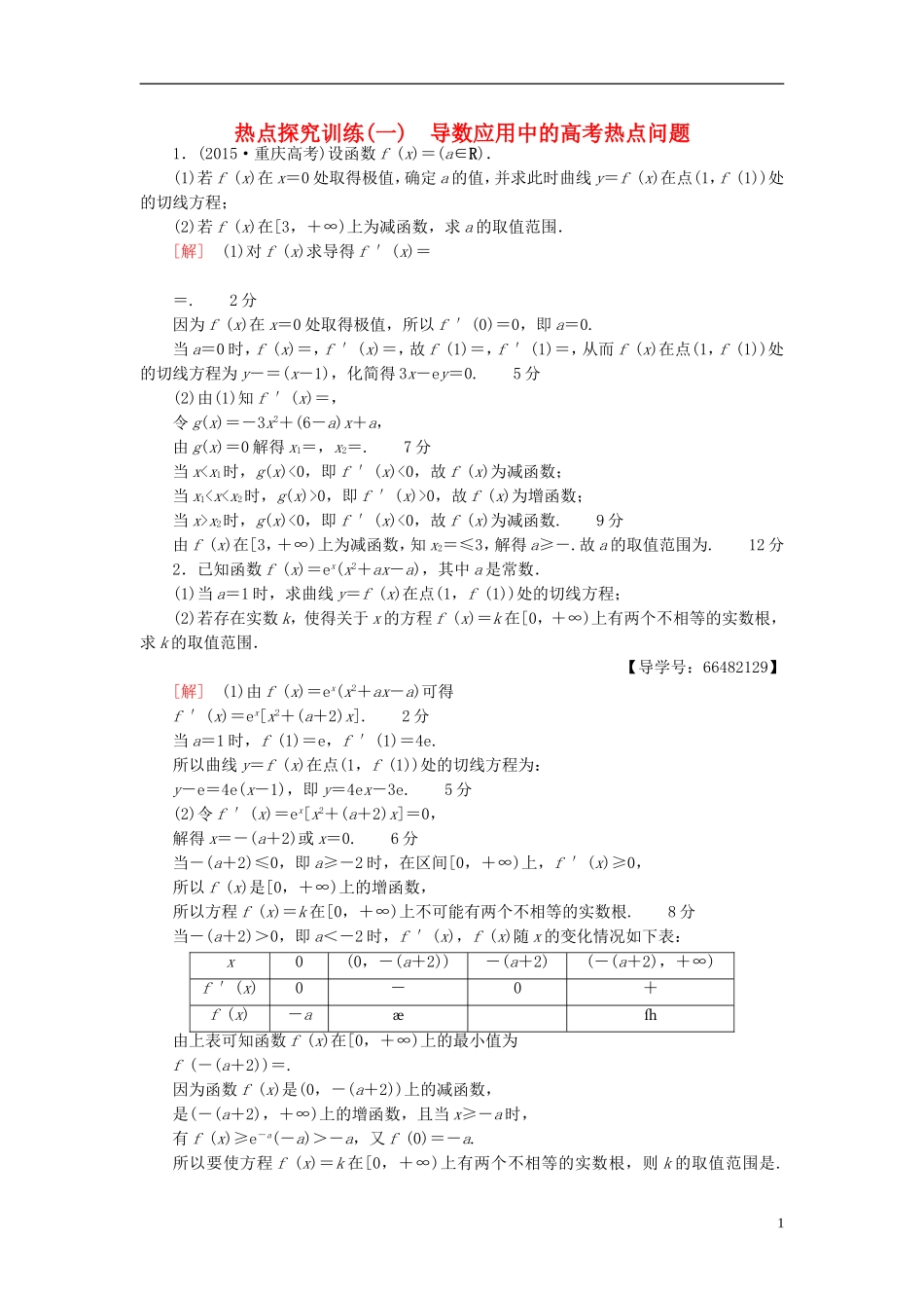 高考数学一轮复习 第2章 函数、导数及其应用 热点探究训练1 导数应用中的高考热点问题 文 北师大版-北师大版高三全册数学试题_第1页